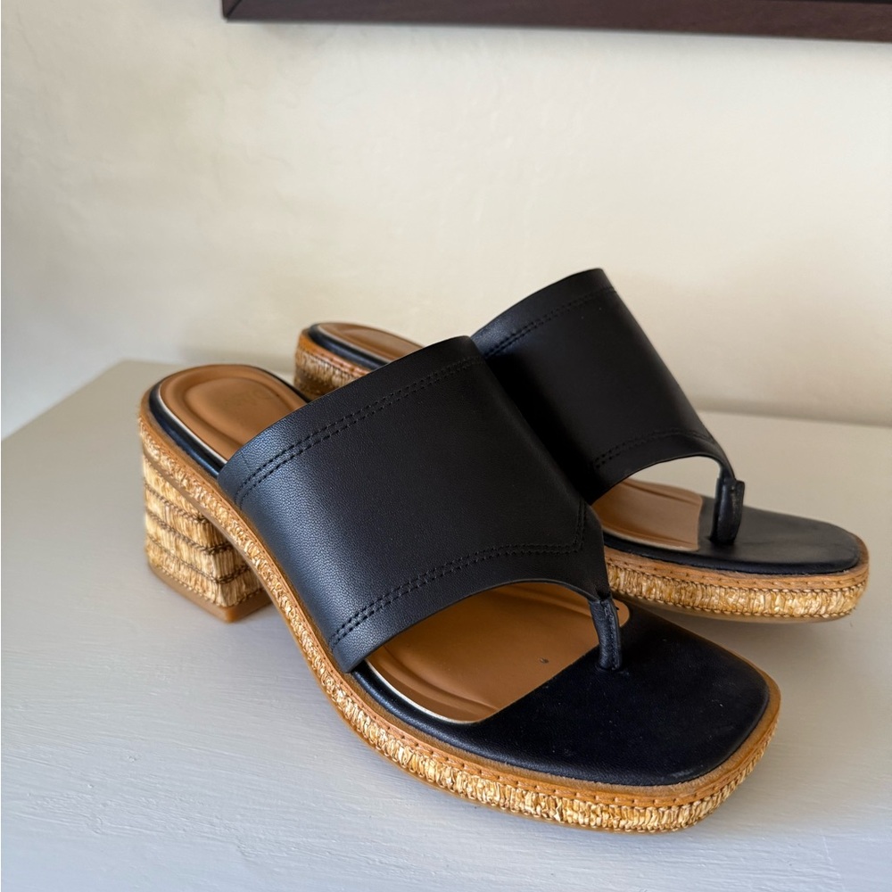 SARTO By Franco Sarto Black Leather Sandals with Tan Woven Heel